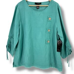 Ali Miles Greenl Linen Blend Shirt Plus Size 1X Ruched Sleeve Frayed Hem Artsy